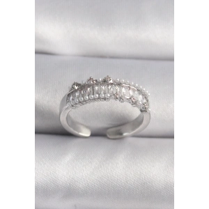 BFS Pirinç Gümüş Renk Zirkon Taşlı İnci Detay VIP Seri Kadın Yüzük