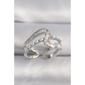 BFS Pirinç Gümüş Renk Zirkon Taşlı İnci Detay VIP Seri Kadın Yüzük