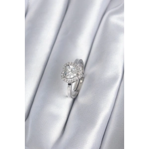 BFS Pirinç Gümüş Renk Zirkon Taşlı Kalp Charm Model Kadın Yüzük