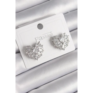 BFS Pirinç Gümüş Renk Zirkon Taşlı Kalp Model Kadın Küpe