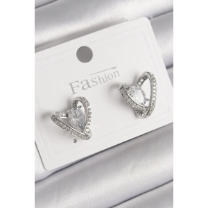 BFS Pirinç Gümüş Renk Zirkon Taşlı Kalp Model Kadın Küpe