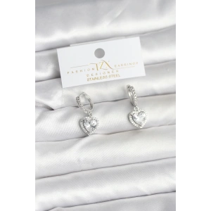 BFS Pirinç Gümüş Renk Zirkon Taşlı Kalp Model Kadın Küpe