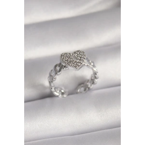 BFS Pirinç Gümüş Renk Zirkon Taşlı Kalp Model Kadın Yüzük