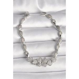 BFS Pirinç Gümüş Renk Zirkon Taşlı Kelebek Figür Damla Zincir Model Kadın Bileklik