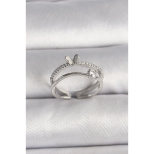 BFS Pirinç Gümüş Renk Zirkon Taşlı Kelebek Figürlü Ayarlanabilir Yüzük