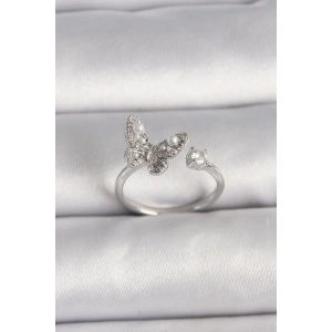 BFS Pirinç Gümüş Renk Zirkon Taşlı Kelebek Model İnci Detay Ayarlanabilir Yüzük
