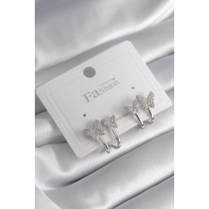 BFS Pirinç Gümüş Renk Zirkon Taşlı Kelebek Model Kadın Küpe