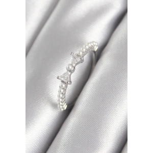 BFS Pirinç Gümüş Renk Zirkon Taşlı Kurdele Model İnci Detay Kadın Yüzük