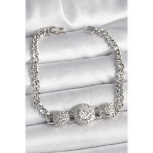 BFS Pirinç Gümüş Renk Zirkon Taşlı Leopar Figür Zincir Model Kadın Bileklik