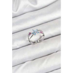 BFS Pirinç Gümüş Renk Zirkon Taşlı Mavi Çiçekli Kadın Yüzük