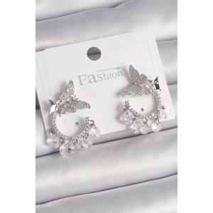 BFS Pirinç Gümüş Renk Zirkon Taşlı Sallantı Detay Kelebek Model Kadın Küpe