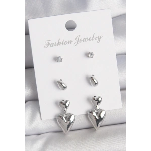 BFS Pirinç Gümüş Renk Zirkon Taşlı Sallantılı Kalp Model 3 Çift Kadın Küpe Seti