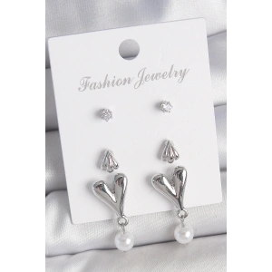 BFS Pirinç Gümüş Renk Zirkon Taşlı Sallantılı Kalp Model 3 Çift Kadın Küpe Seti