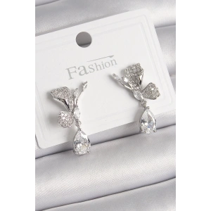 BFS Pirinç Gümüş Renk Zirkon Taşlı Turna Kuşu Model Sallantı Detay Kadın Küpe