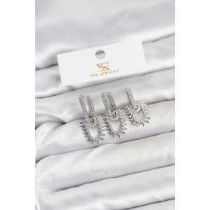 BFS Pirinç Gümüş Renk Zirkon Taşlı Vintage Model YSX Trio Küpe Seti