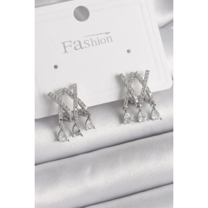 BFS Pirinç Gümüş Renk Zirkon Taşlı X Model Sallantı Detay Kadın Küpe
