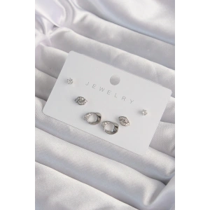 BFS Pirinç Gümüş Renk Zirkon Taşlı Yaprak Model Küpe Seti