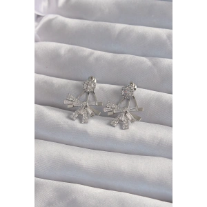 BFS Pirinç Gümüş Renk Zirkon Taşlı Yassı Fiyonk Model Küpe