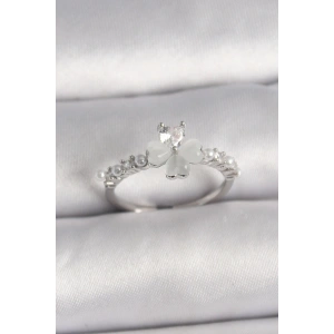 BFS Pirinç Gümüş Renk Zirkon Taşlı Yonca Model İnci Detay Ayarlanabilir Yüzük