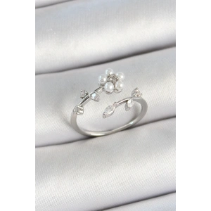 BFS Pirinç İnci Detaylı Papatya Figürlü Zirkon Taşlı Gümüş Renk Ayarlanabilir Kadın Yüzük