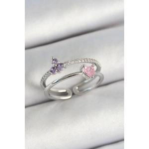 BFS Pirinç Kalp Ve Çiçek Figürlü Zirkon Taşlı Gümüş Renk Ayarlanabilir Kadın Yüzük