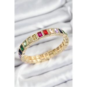 BFS Pirinç Karışık Zirkon Taşlı Dikdörtgen Model Gold Renk Lastikli Kadın Bileklik