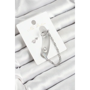 BFS Pirinç Ok Figürlü Zirkon Taşlı Gümüş Renk 3lü Kıkırdak Kadın Küpe Set