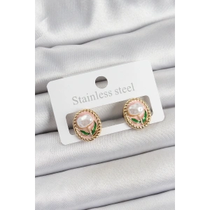 BFS Pirinç Pembe Mineli Lale Figürlü Sanatsal Portre Model Gold Renk Kadın Küpe