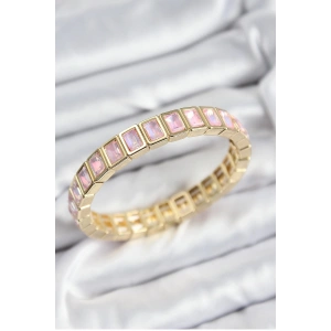 BFS Pirinç Pembe Zirkon Taşlı Dikdörtgen Model Gold Renk Lastikli Kadın Bileklik