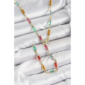 BFS Pirinç Renkli Zirkon Taşlı Dikdörtgen Model Gold Renk Kadın Y Kolye