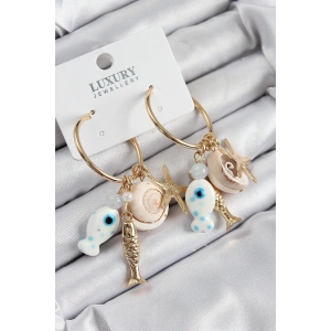 BFS Pirinç Sallantılı Seramik Balık Ve Deniz Kabuğu Model Gold Renk Kadın Küpe