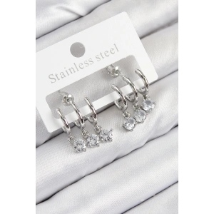 BFS Pirinç Sallantılı Zirkon Taşlı Model Gümüş Renk Kadın Küpe