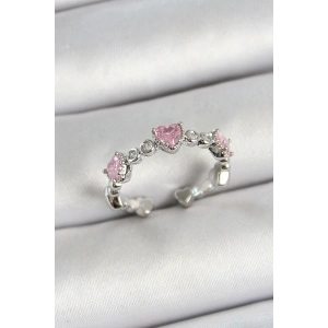 BFS Pirinç Sıralı Kalp Figürlü Zirkon Taşlı Gümüş Renk Ayarlanabilir Kadın Yüzük