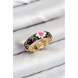 BFS Pirinç Siyah Mineli Çiçek Motifli Gold Renk Ayarlanabilir Kadın Yüzük