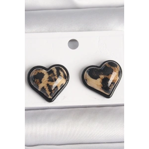 BFS Pirinç Siyah Renk Leopar Desen 3D Kalp Model Kadın Küpe