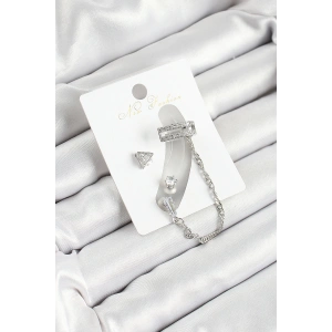 BFS Pirinç Üçgen Figürlü Zirkon Taşlı Gümüş Renk 3lü Kıkırdak Kadın Küpe Set