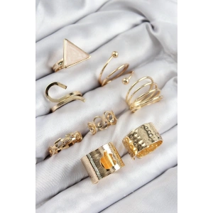 BFS Pirinç Üçgen Model Gold Renk Kadın Yüzük Kombin Set