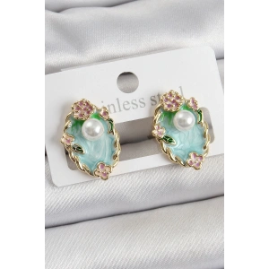 BFS Pirinç Yeşil Mineli İnci Detaylı Sanatsal Portre Model Gold Renk Kadın Küpe