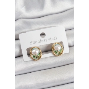 BFS Pirinç Yeşil Mineli Lale Figürlü Sanatsal Portre Model Gold Renk Kadın Küpe