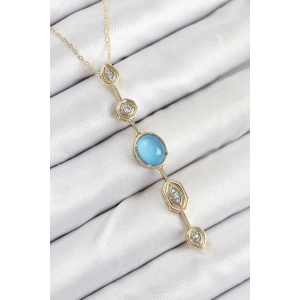 BFS Pirinç Zincir Mavi Gold Renk Zirkon Taşlı Y Kolye
