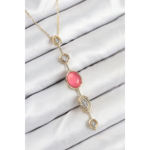 BFS Pirinç Zincir Pembe Gold Renk Zirkon Taşlı Y Kolye
