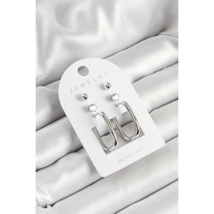 BFS Pirinç Zirkon Taş Ve Dikdörtgen Figürlü Gümüş Renk 3lü Çift Kadın Küpe Set