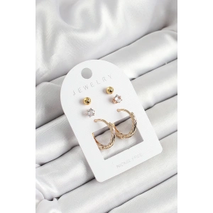 BFS Pirinç Zirkon Taş Ve Halka Figürlü Gold Renk 3lü Çift Kadın Küpe Set