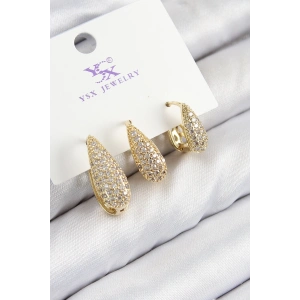 BFS Pirinç Zirkon Taşlı 3lü Damla Model Gold Renk Kadın Küpe