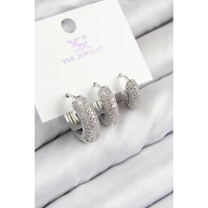 BFS Pirinç Zirkon Taşlı 3lü Halka Model Gümüş Renk Kadın Küpe