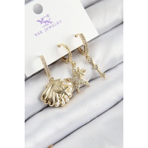 BFS Pirinç Zirkon Taşlı 3lü İstiridye Ve Yıldız Model Gold Renk Kadın Küpe