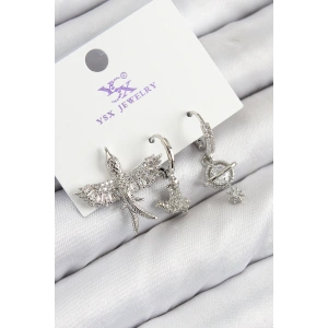 BFS Pirinç Zirkon Taşlı 3lü Kuş Model Gümüş Renk Kadın Küpe