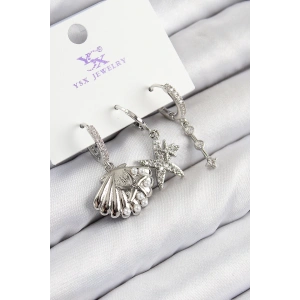 BFS Pirinç Zirkon Taşlı 3lü Yıldız Ve İstiridye Model Gümüş Renk Kadın Küpe