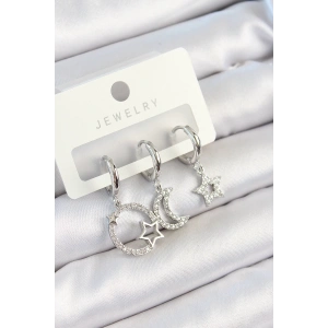 BFS Pirinç Zirkon Taşlı Ay Ve Yıldız Model Gümüş Renk 3lü Çift Kadın Küpe Set