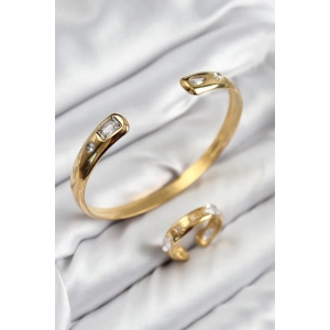 BFS Pirinç Zirkon Taşlı Ayrık Model Gold Renk Bileklik Yüzük Set